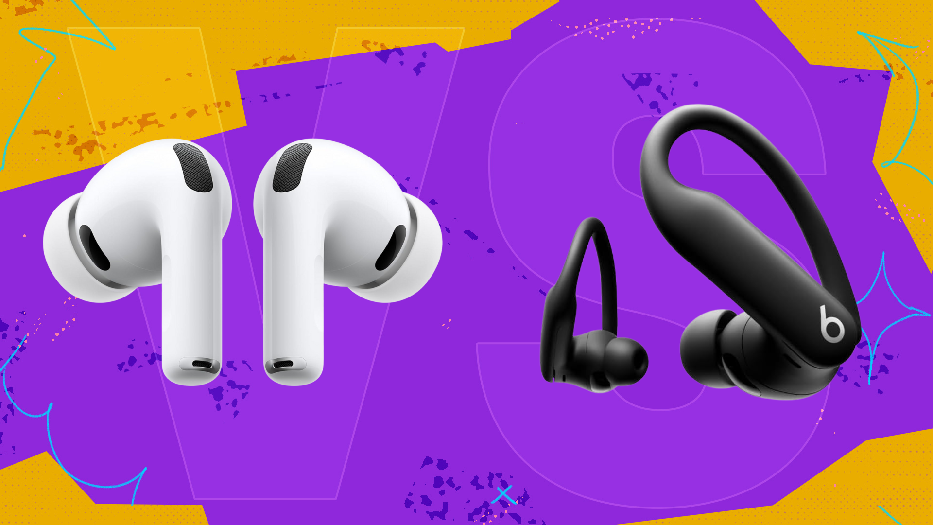 The Apple AirPods Pro 3 and the Beats Powerbeats Pro 2 on a colorful background