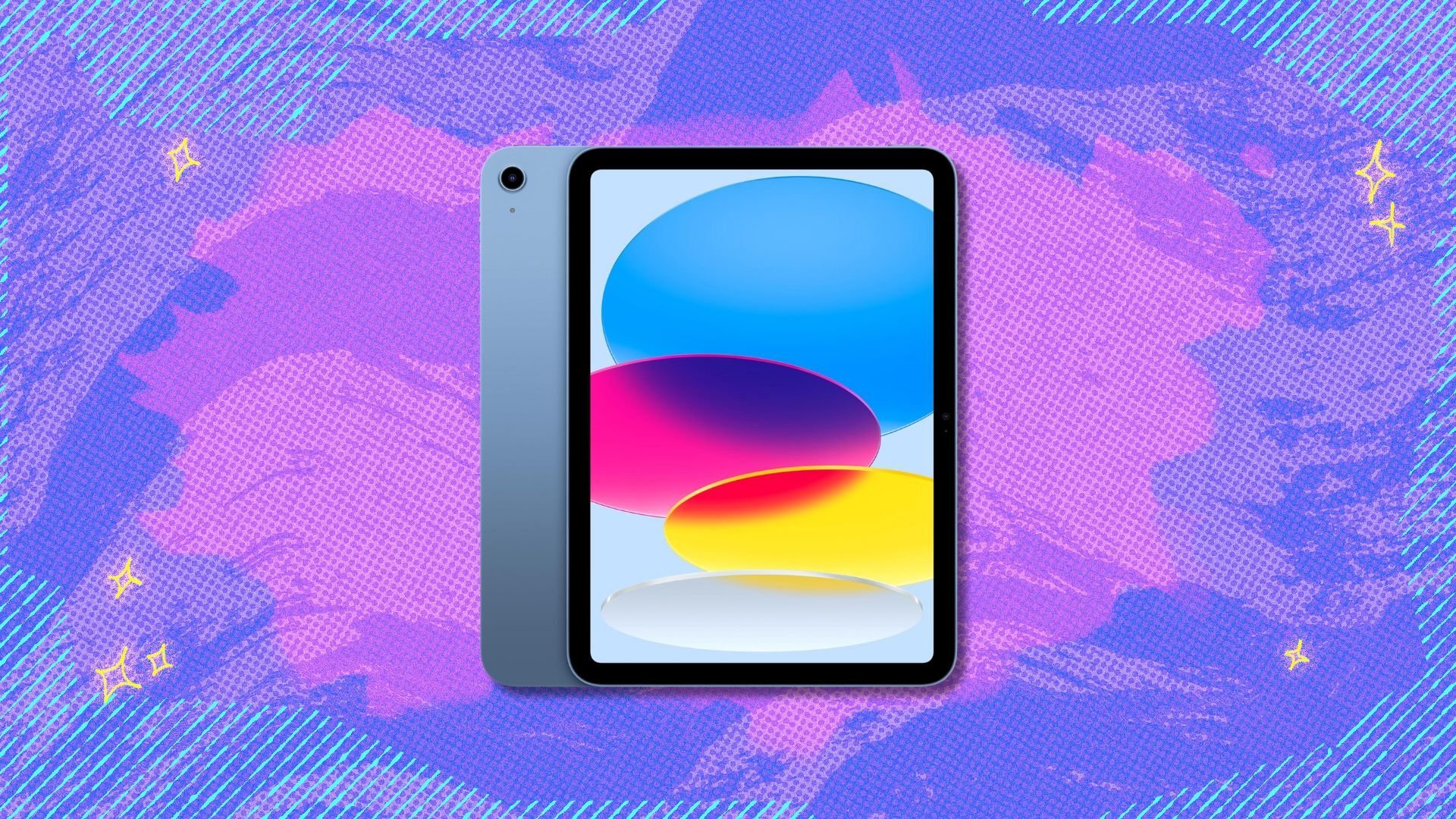 apple ipad against a purple patterned background