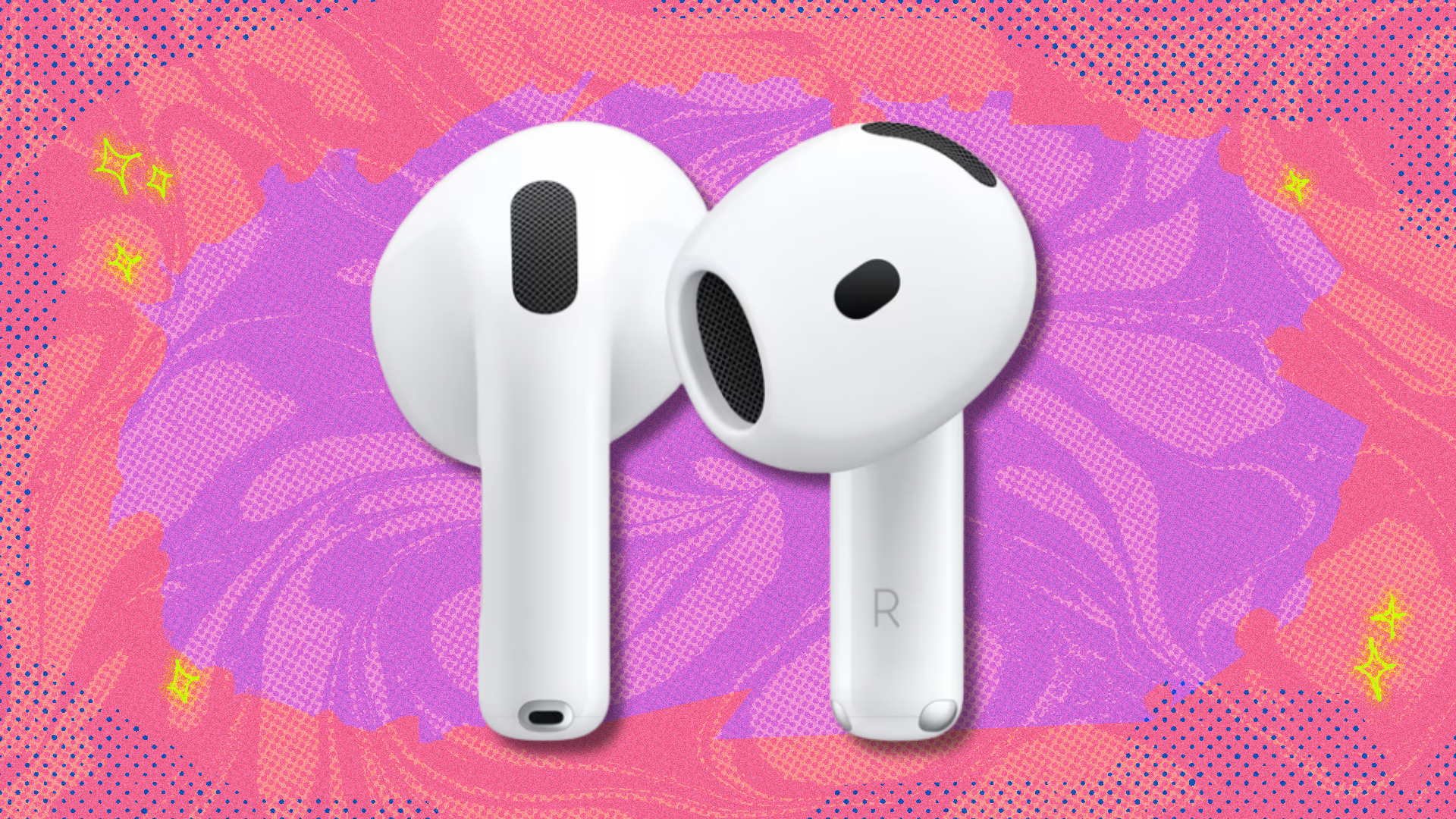 Apple AirPods 4 on pink and and coral abstract background