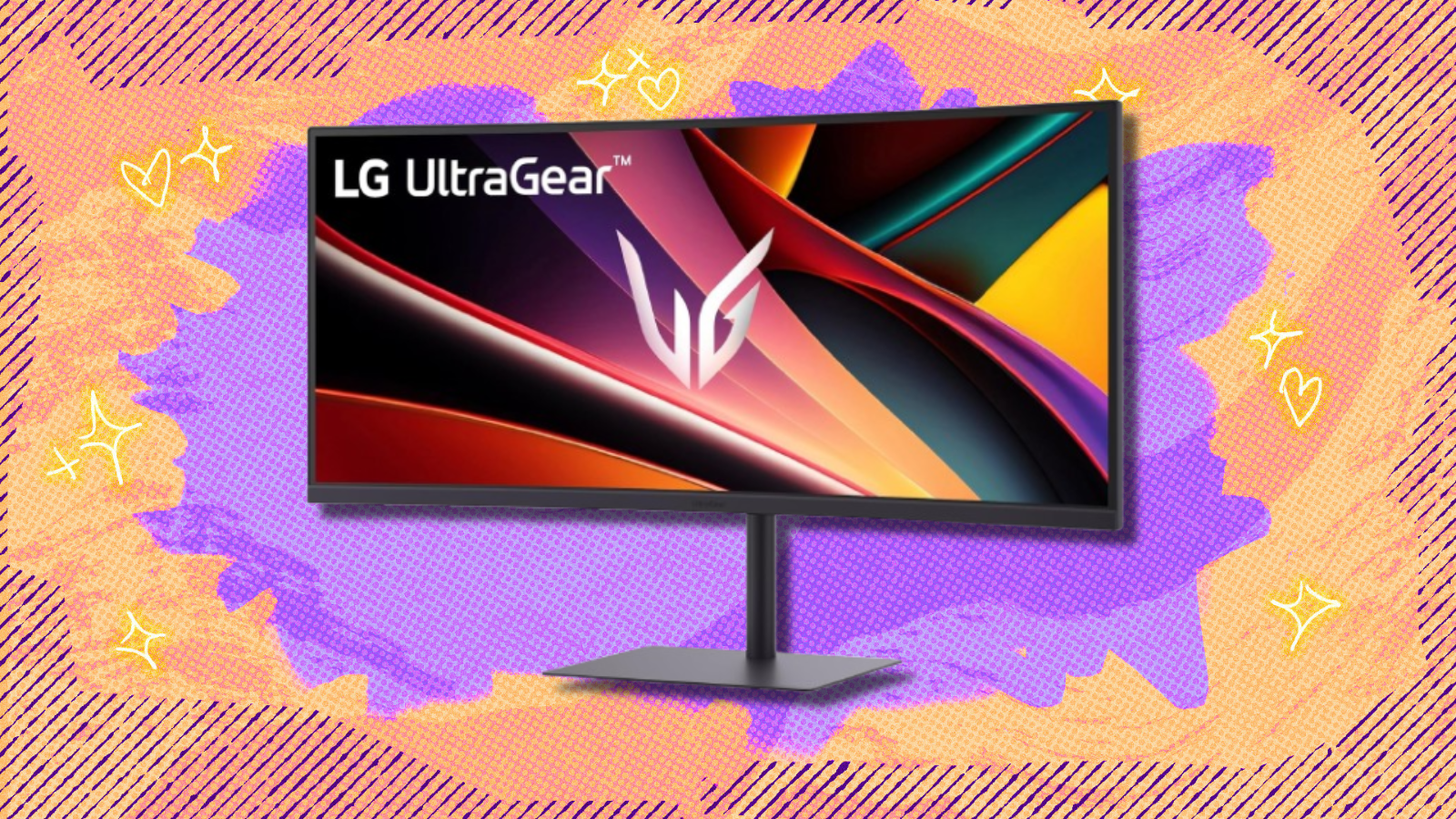 LG UltraGear curved gaming monitor with colorful display and abstract orange and purple background