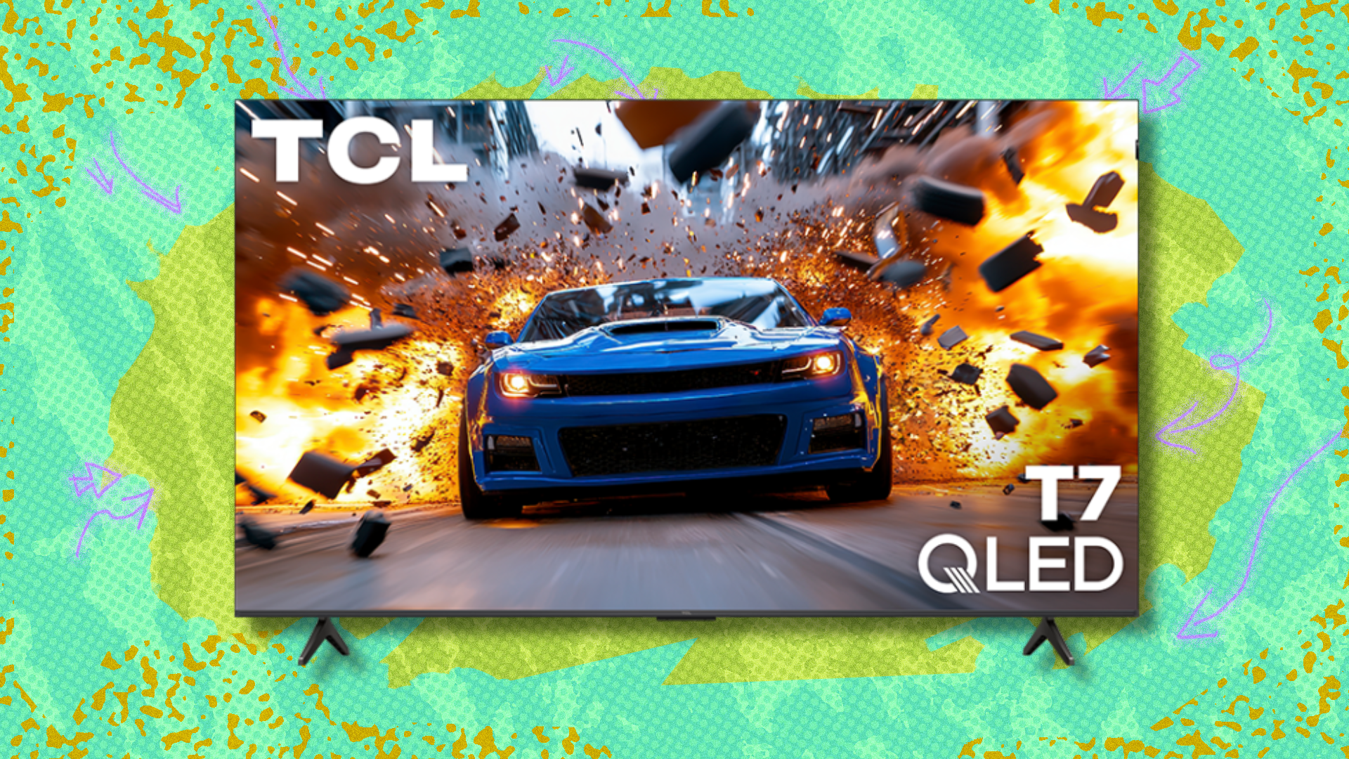 TCL 4K QLED TV on green and light green abstract background