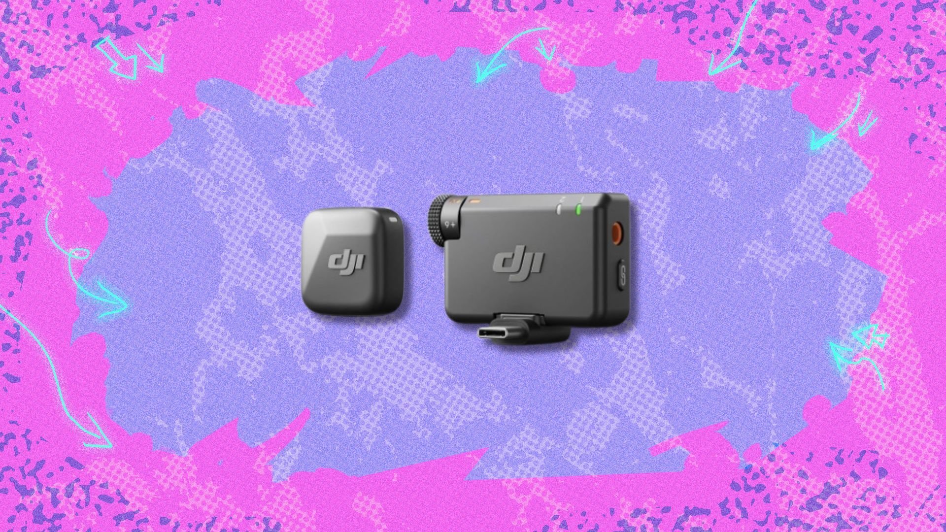 the dji mic mini on a pink and purple background