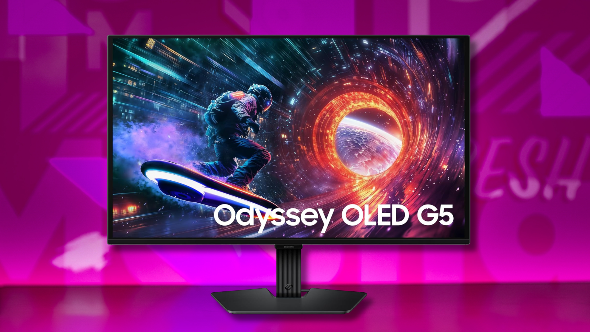 A Samsung OLED gaming monitor on a colorful background