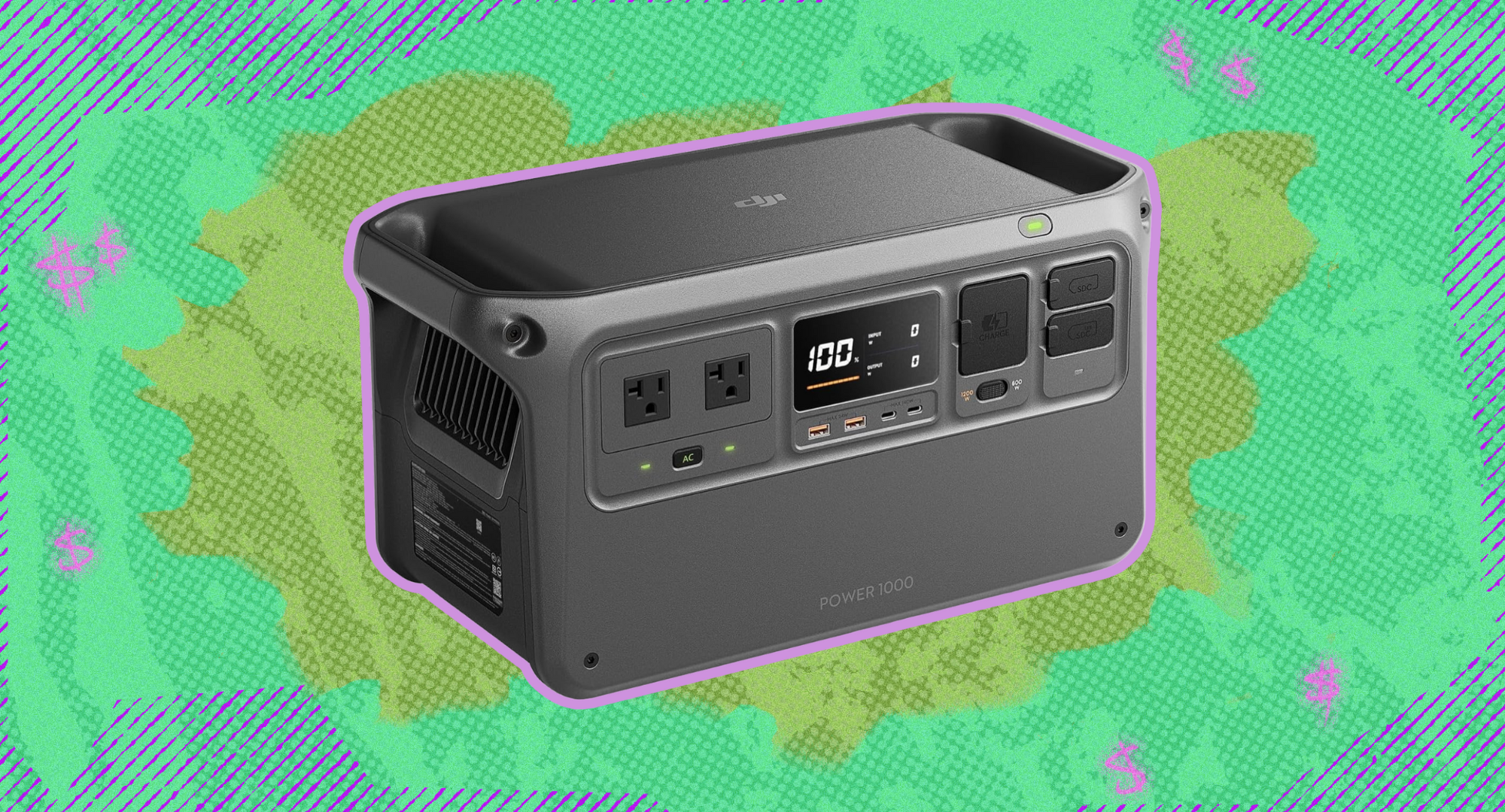 The DJI Power 1000 Portable Power Station against a green background.