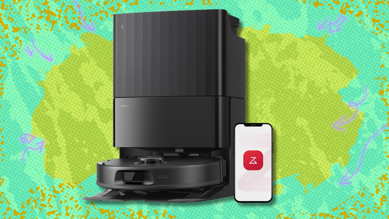 Roborock Qrevo S5V on green and mint green abstract background