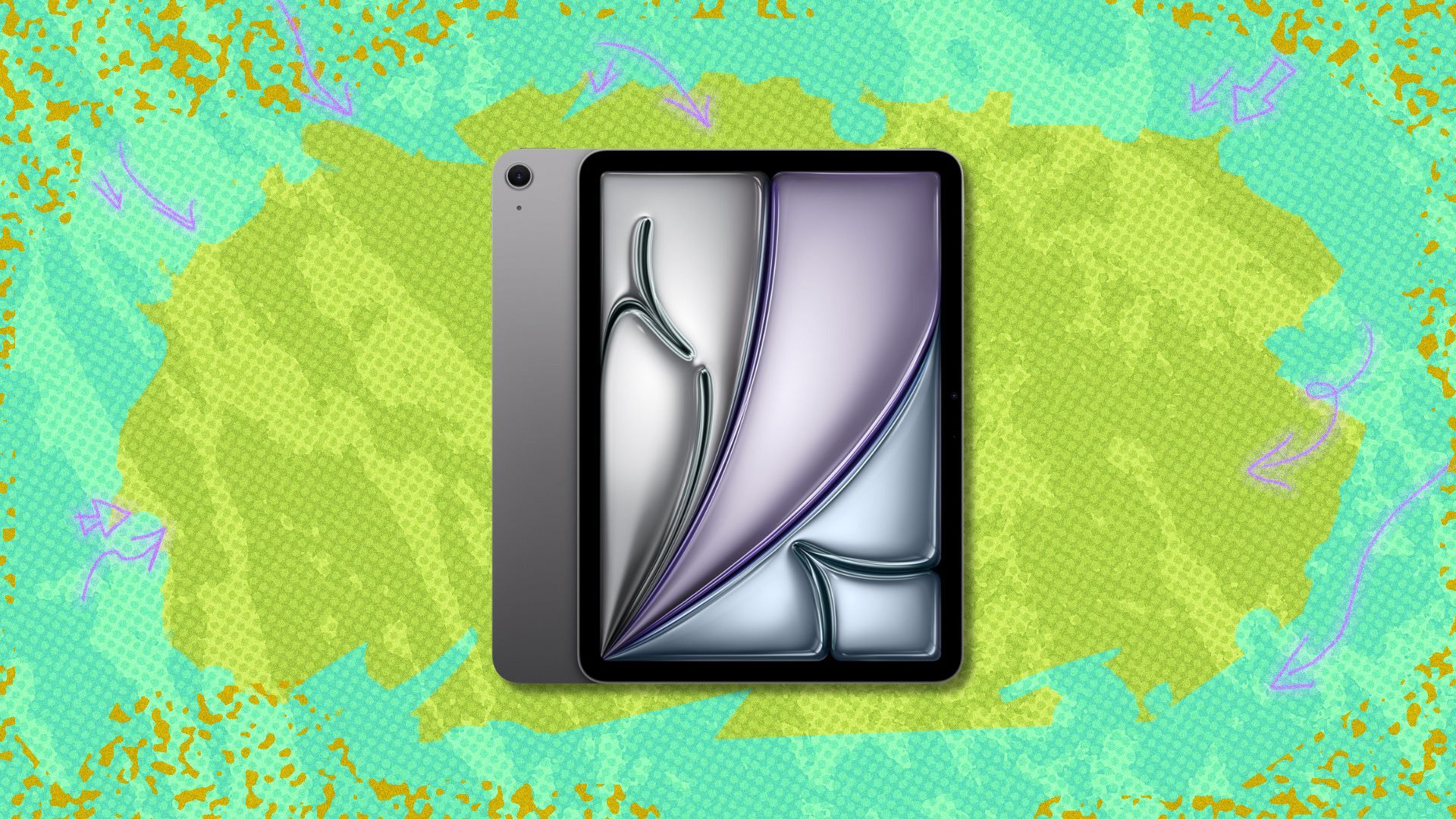 apple ipad air against a green patterned background