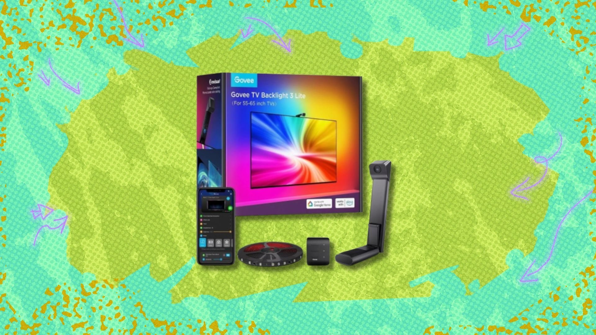 the Govee TV Backlight 3 Lite with accessories on a green background