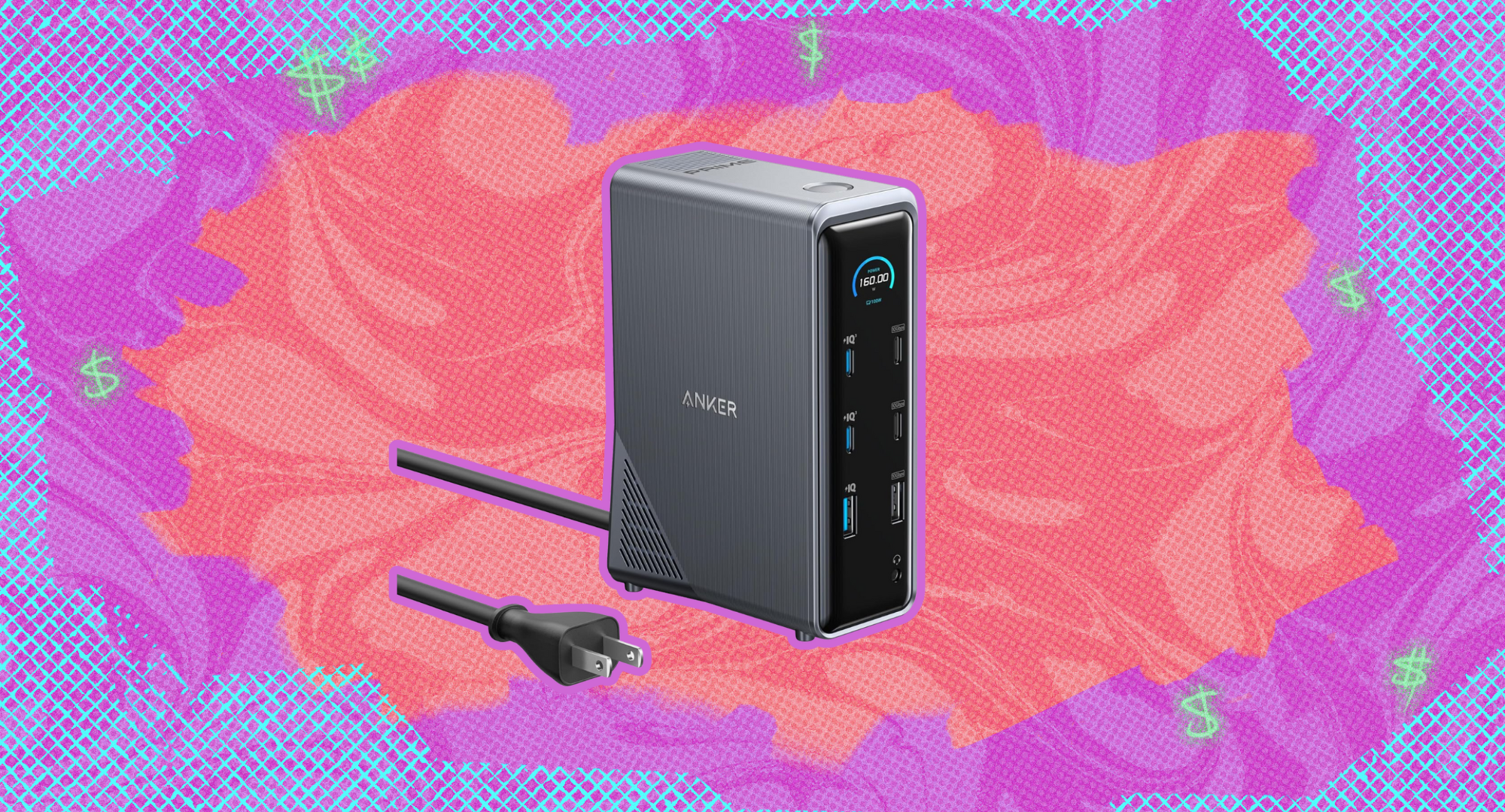 The Anker Prime Docking station against a pink and purple background.