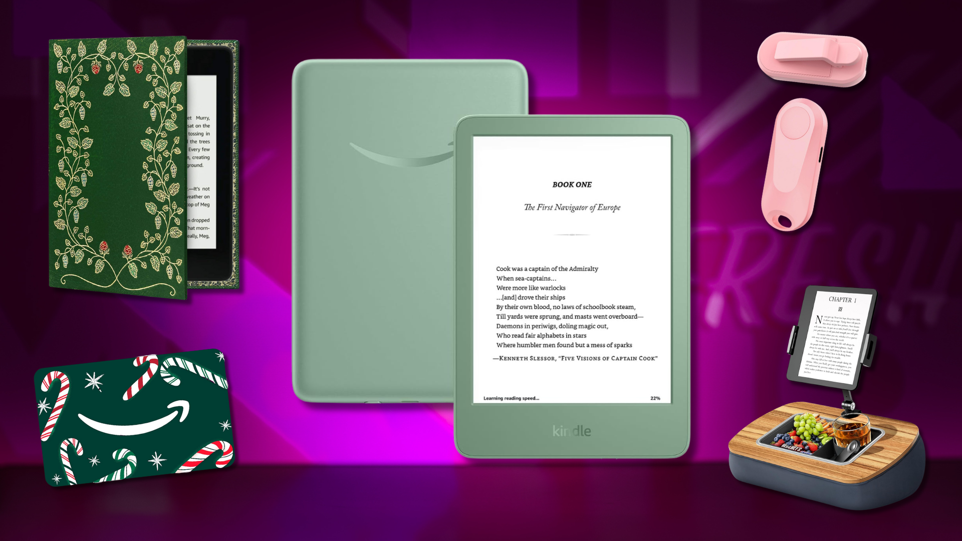 An e-reader cover, Amazon gift card, Kindle, remote page turner, and e-reader tablet stand.