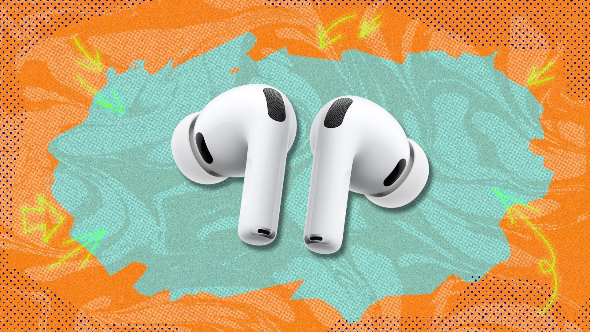 apple airpods pro 3 earbuds against an orange and blue patterned background
