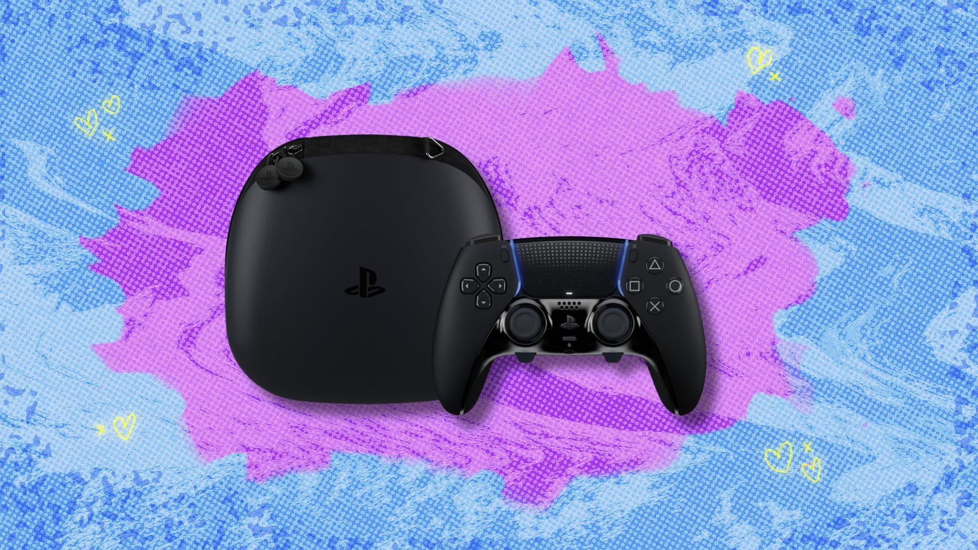 playstation dualsense edge wireless controller and case against a purple and blue patterned background
