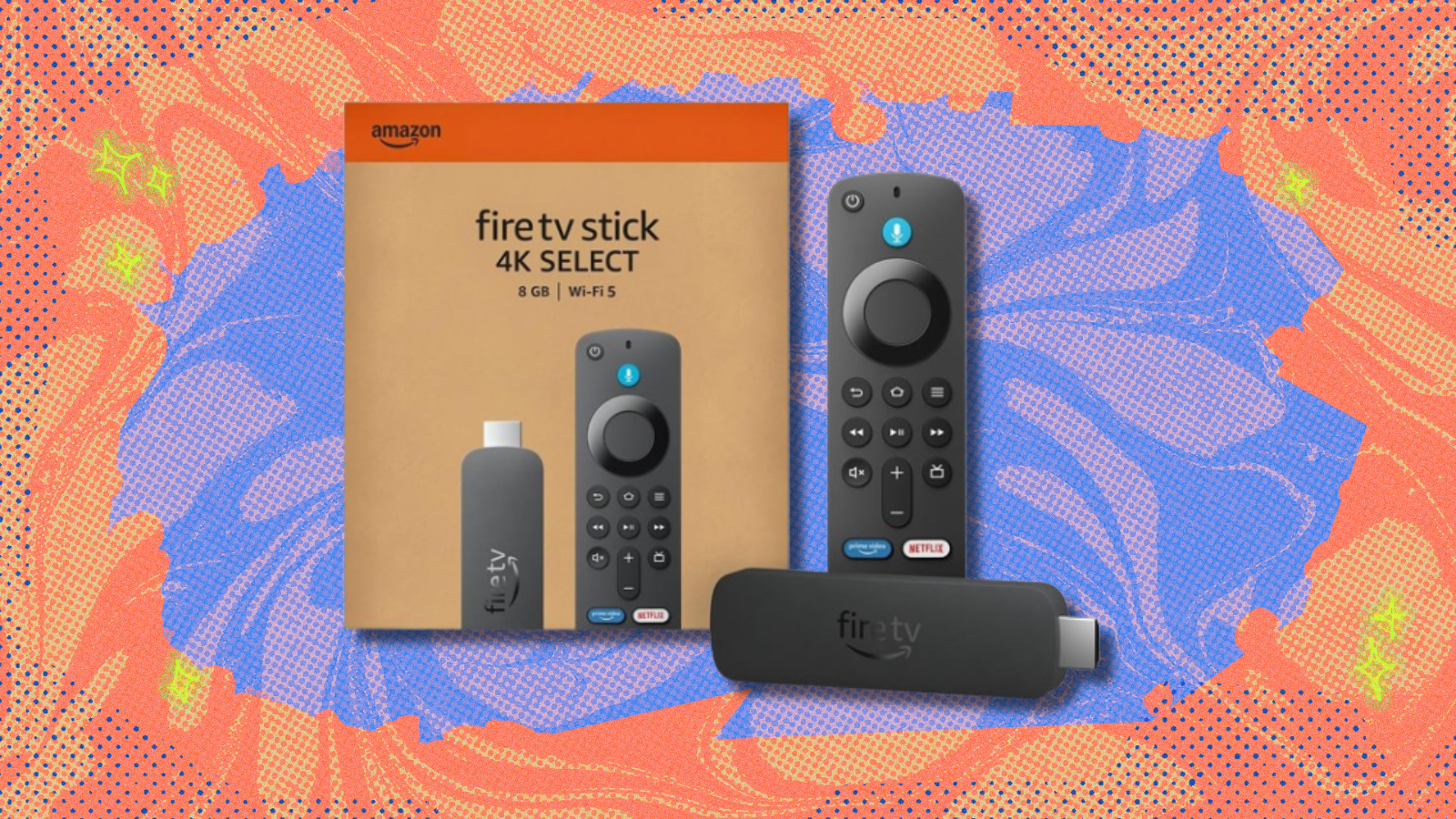 Amazon Fire TV Stick 4K Select with colorful abstract background