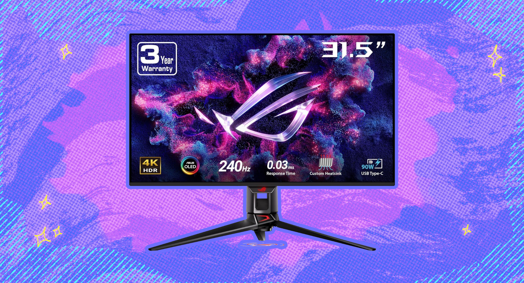 An ASUS gaming monitor against a purple and pink background.