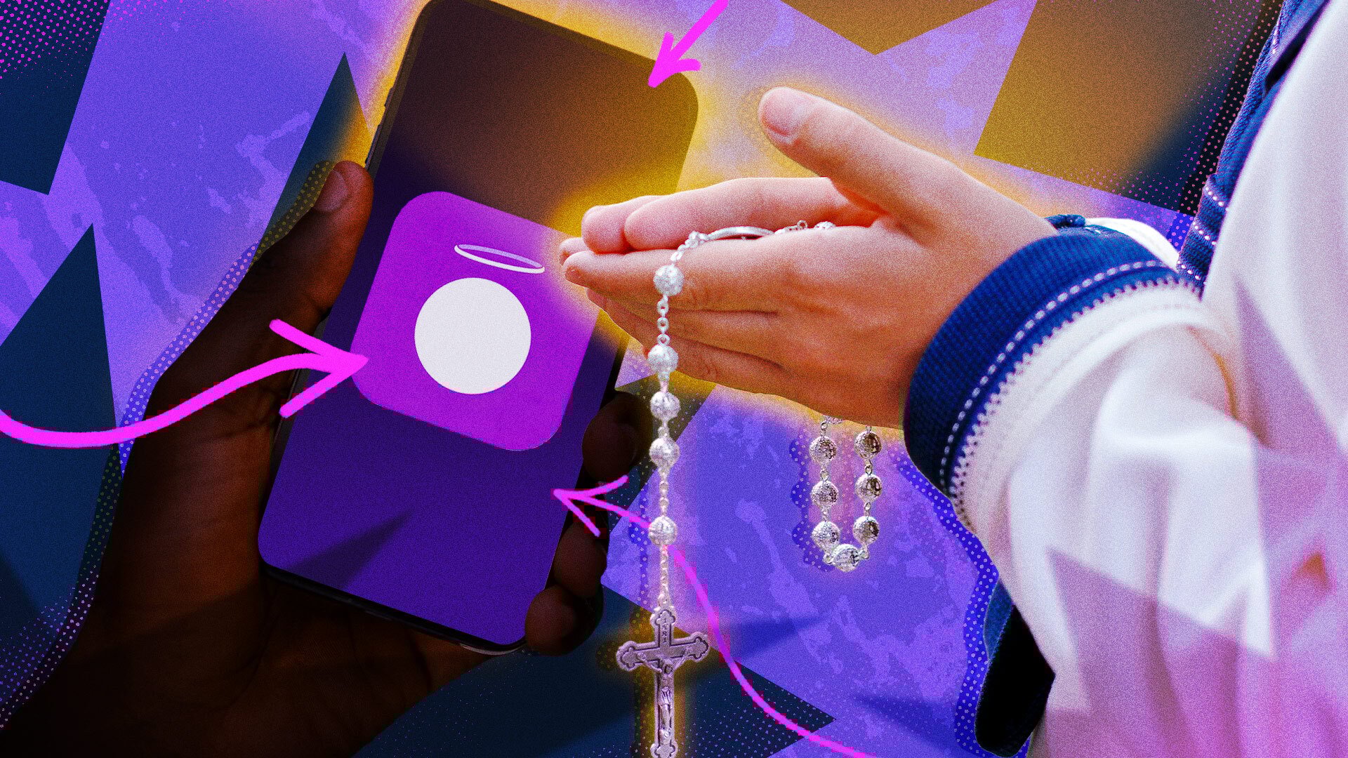 A collage of colorful images, including praying hands, a rosary, and Hallow app logo.
