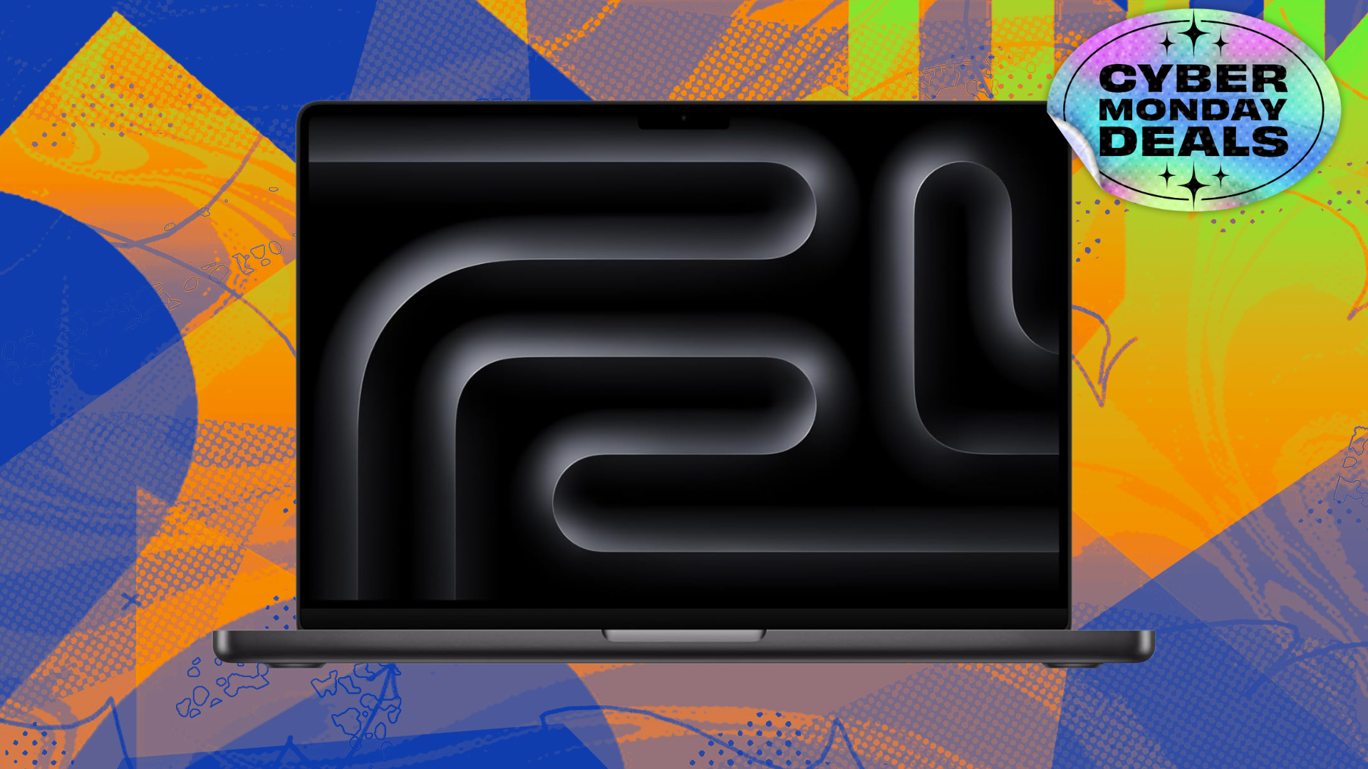 apple m5 macbook pro on abstract background with cyber monday deals sticker