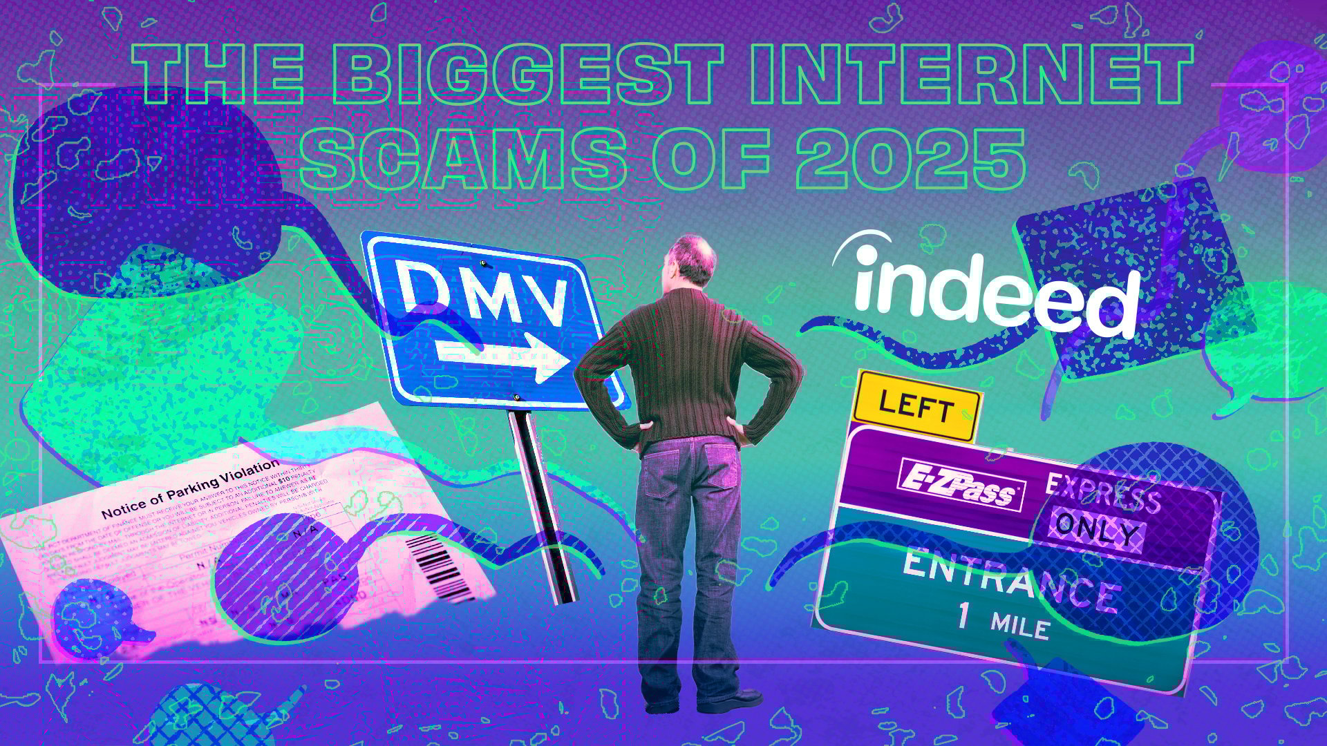 composite image of dmv, indeed, ezpass scams