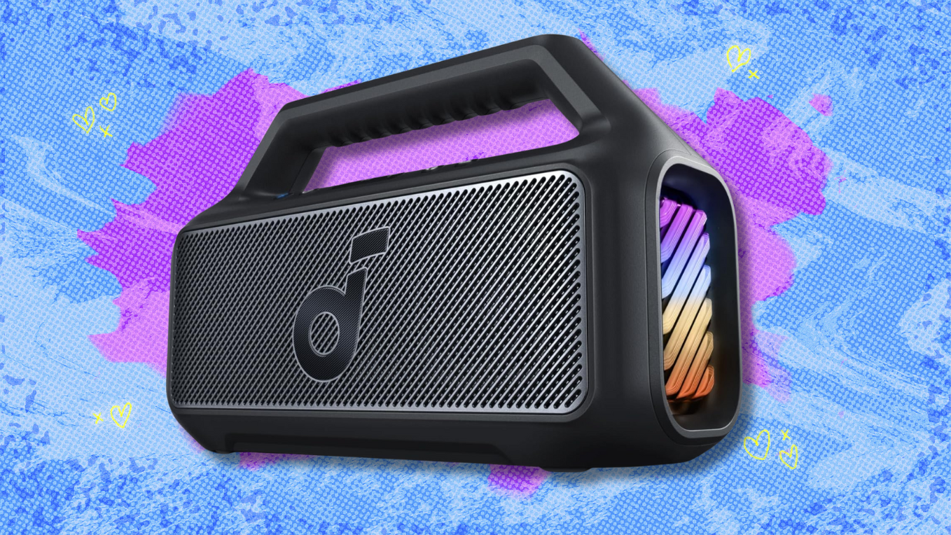 Anker Soundcore Boom 2 on light blue and purple abstract background