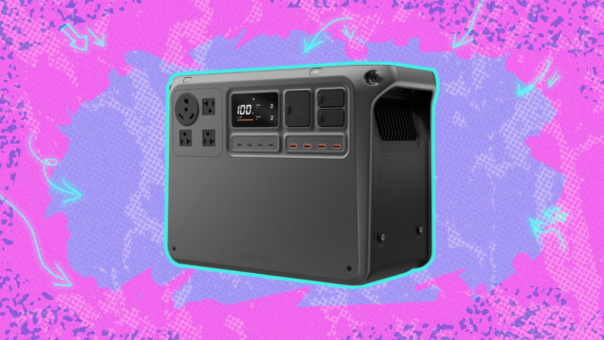 the DJI power 2000 on a pink and purple background