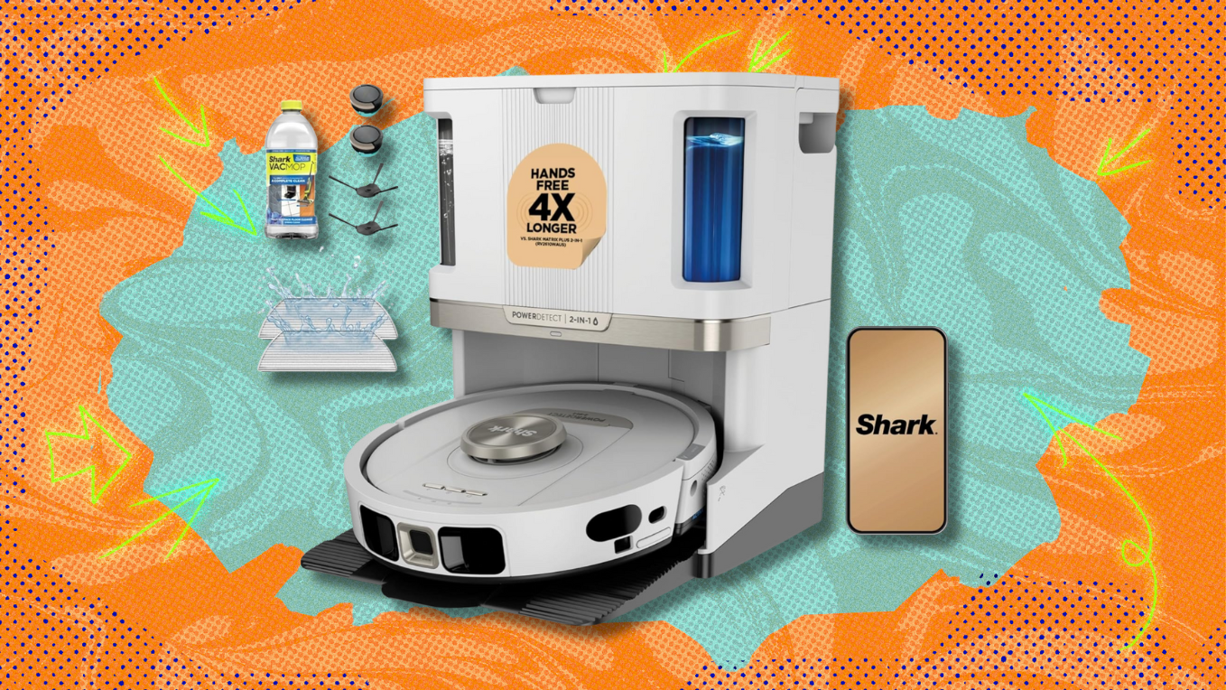 Shark Robot Vacuum and Mop Combo on teal and orange abstract background