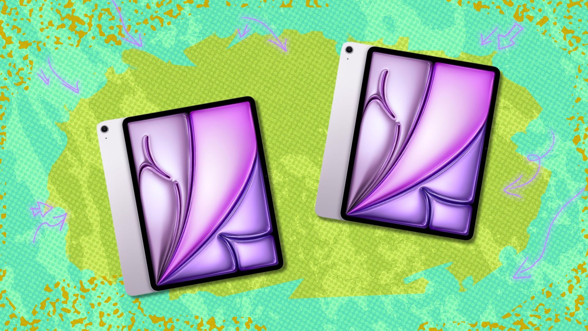 the M3 iPad Air in purple on a two-toned green background