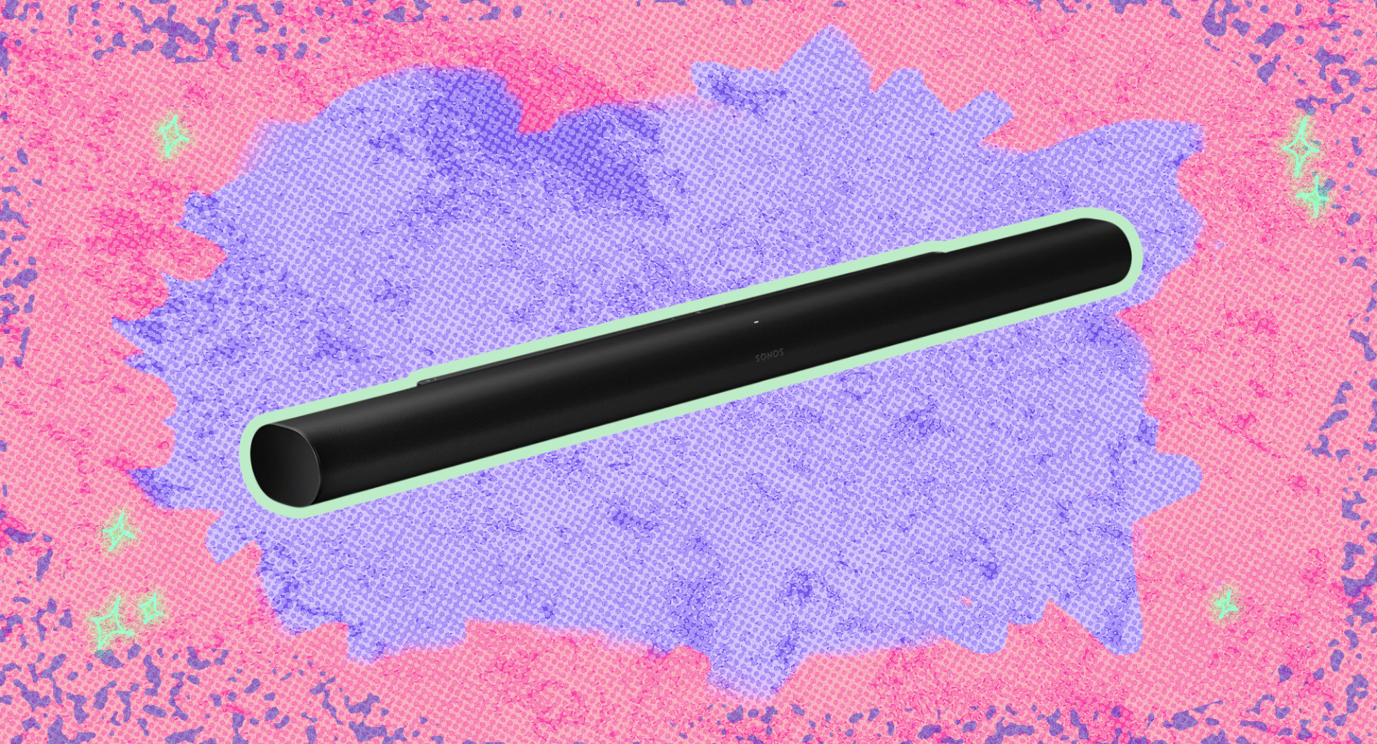 The Sonos Arc Ultra against a pink and purple background.