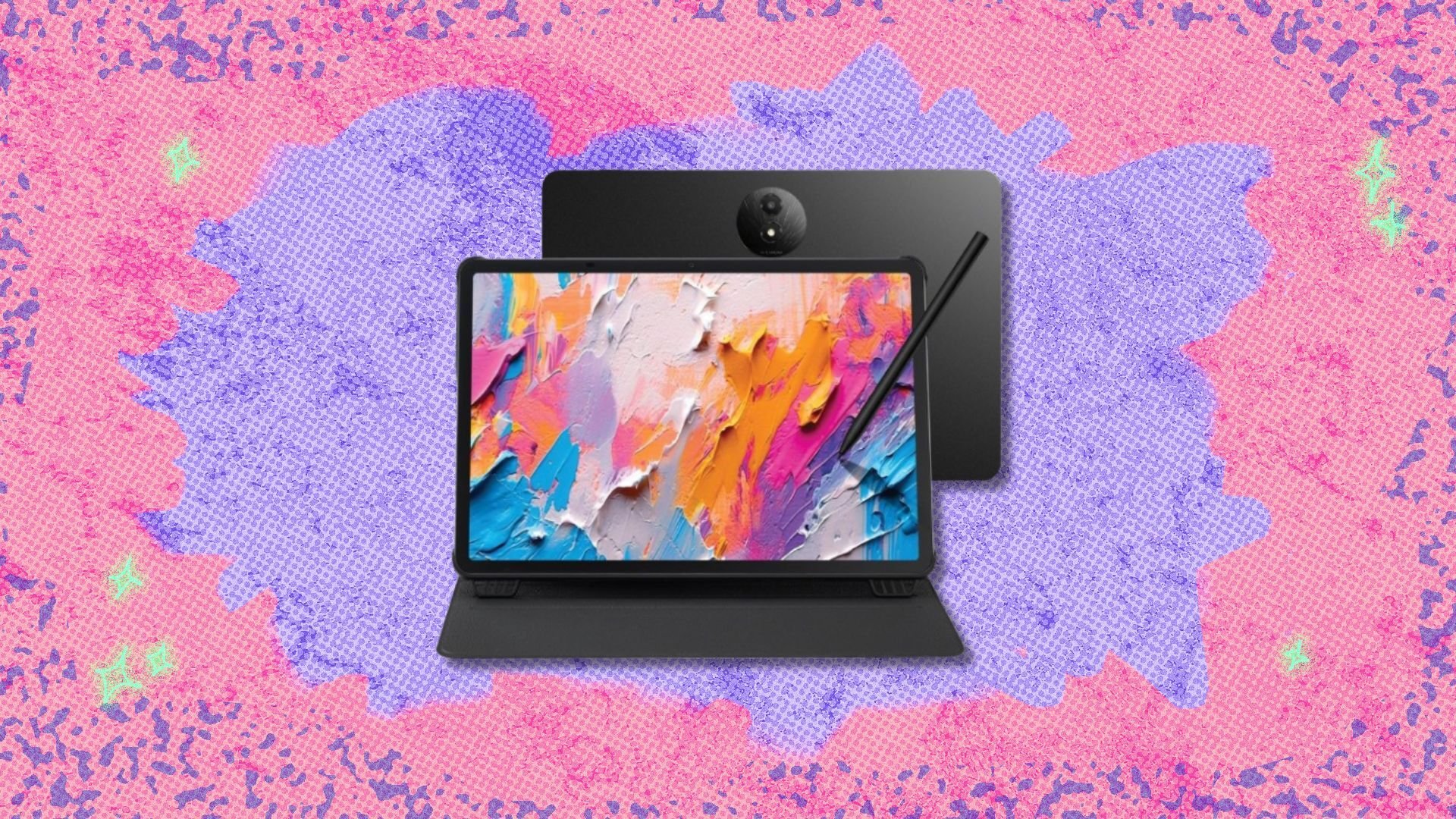 the TCL NXTPAPER 11 Plus Android Tablet on a pink and purple background