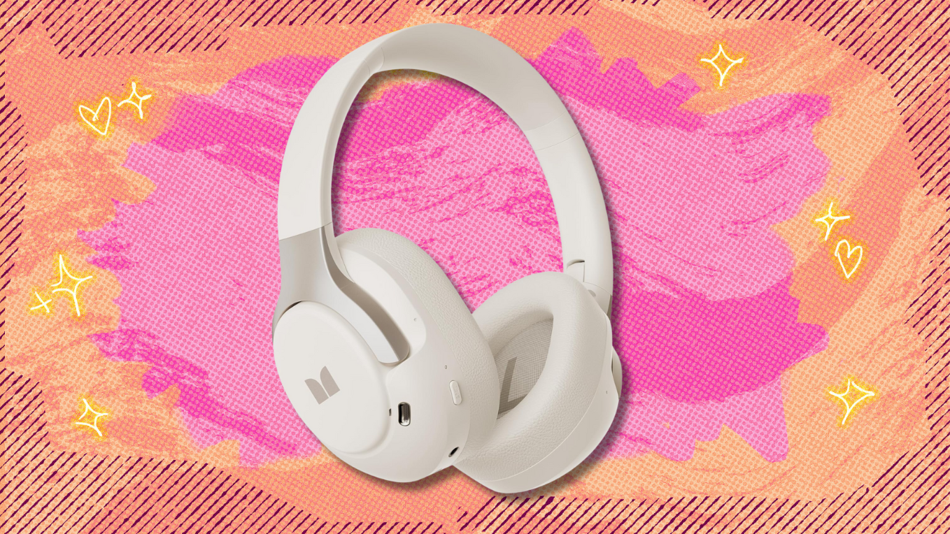 Monster Persona headphones on pink and orange abstract background