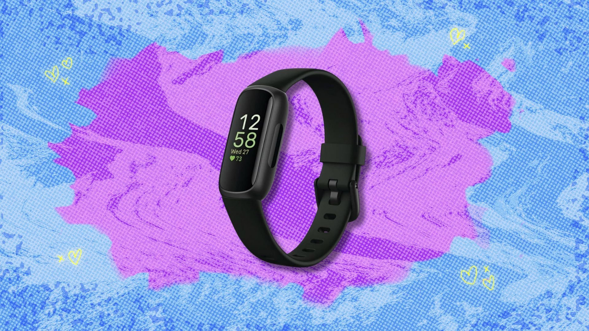 fitbit inspire 3 against a purple and blue patterned background