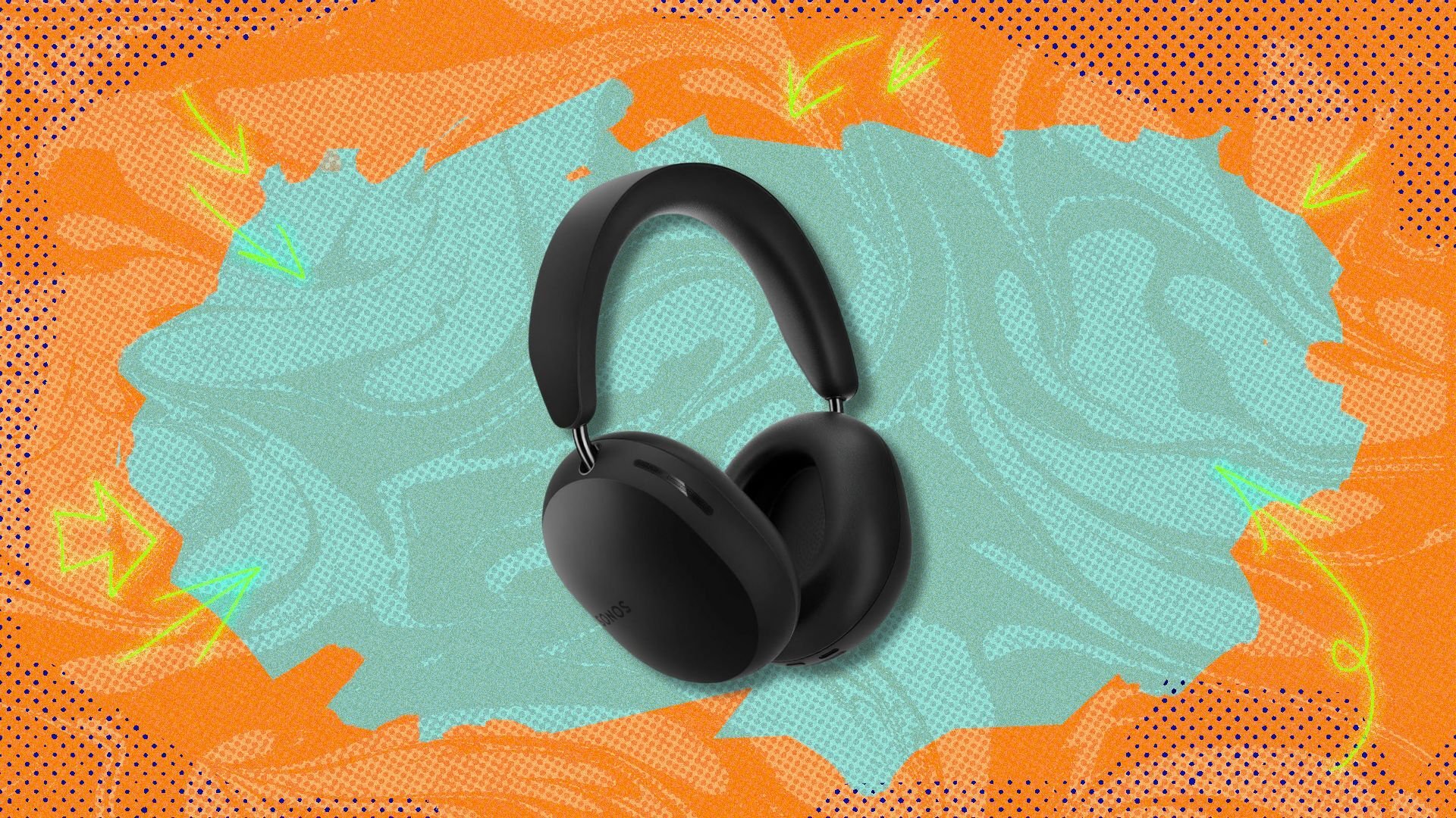 sonos ace headphones against an orange and blue patterned background