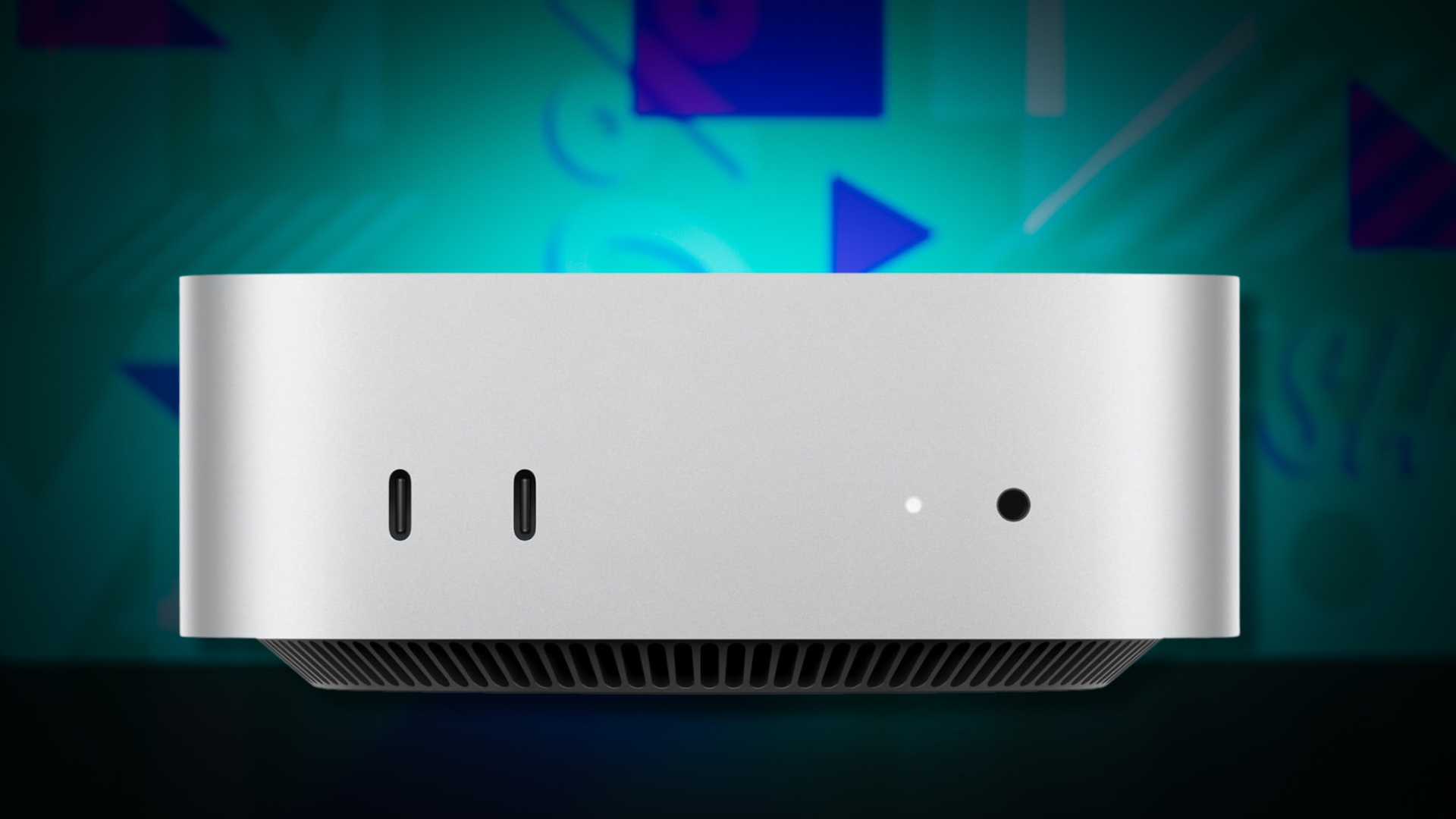 An Apple Mac Mini on a colorful background