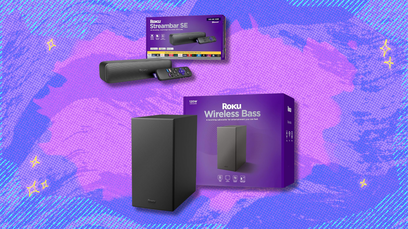 Roku 4K HDR Streambar SE and Wireless Bass Bundle on purple and pink abstract background