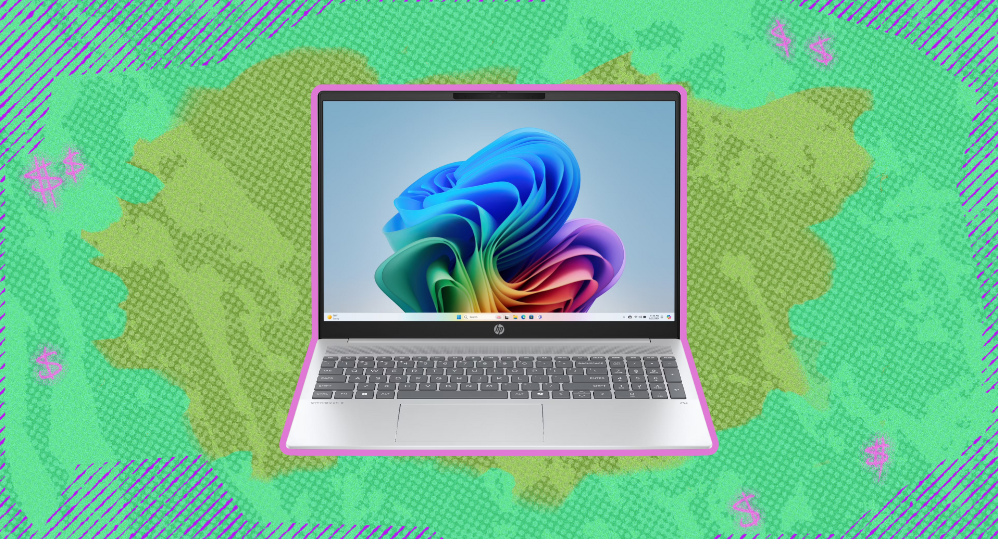 The HP OmniBook 5 against a green background. 