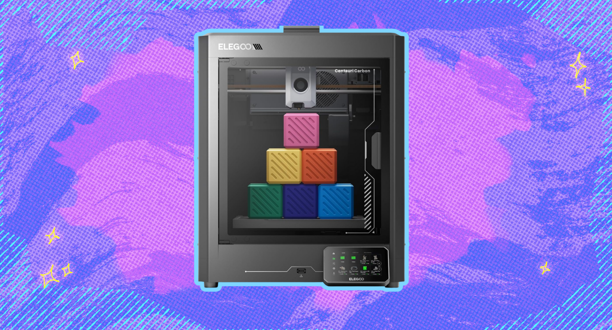 The ELEGOO Centauri Carbon 3D Printer against a pink and purple background. 