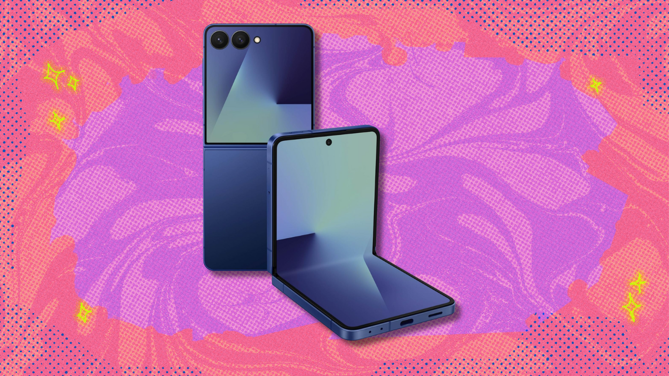 Samsung Galaxy Z Flip 7 on pink and purple abstract background