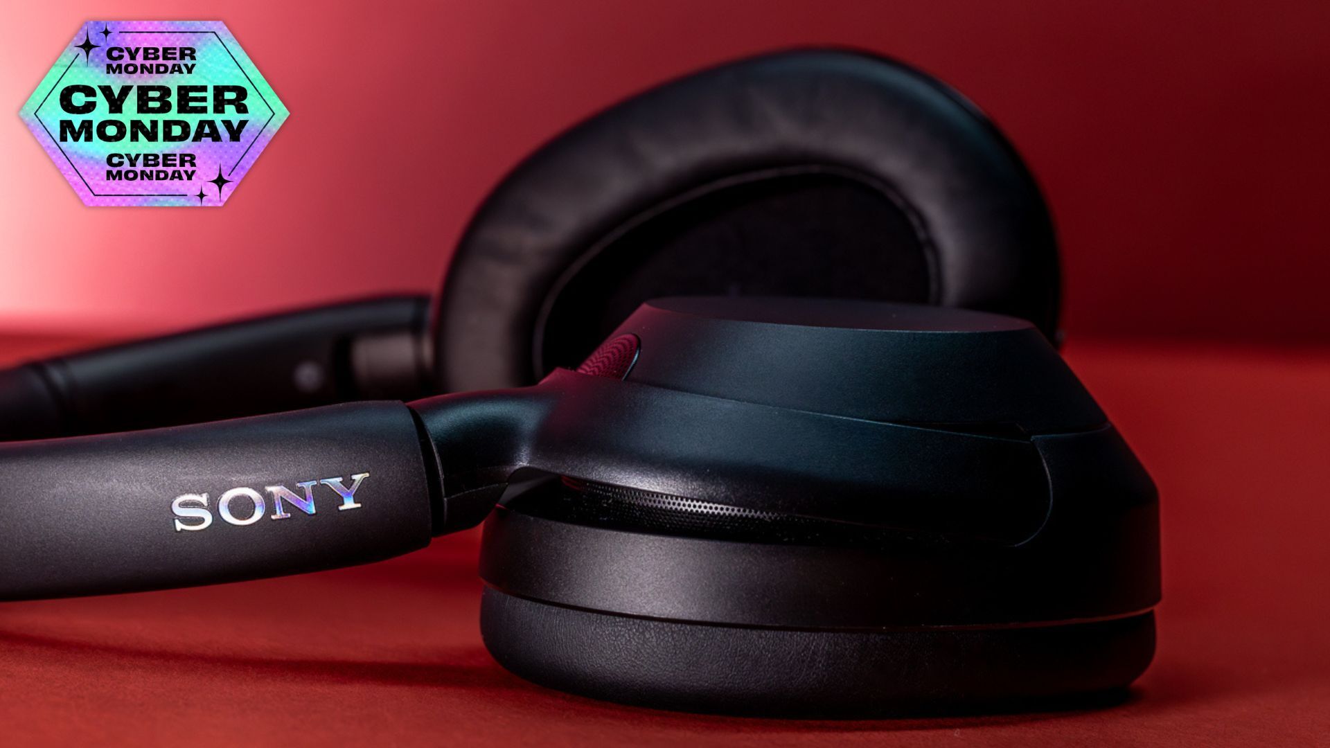 close-up portrait of sony ult headphones with overlay that reads 'cyber monday'