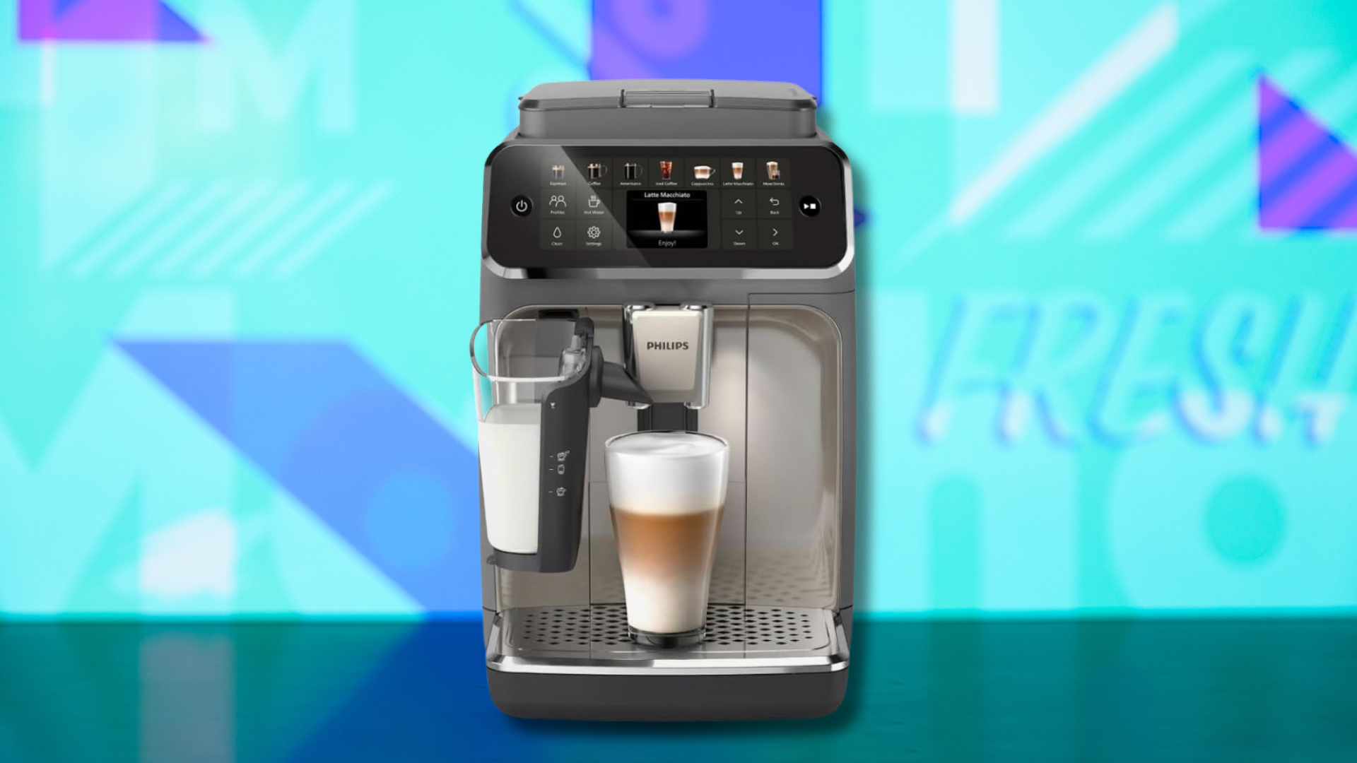 A Philips 4400 series espresso machine on a colorful background