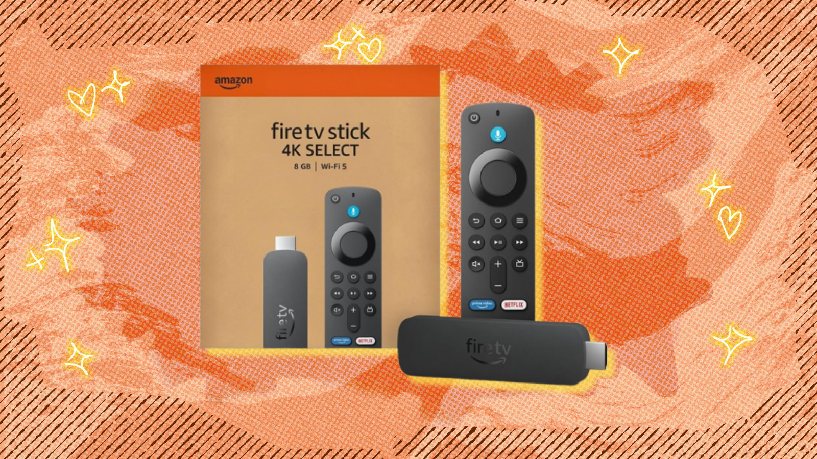Fire TV Stick 4k Select with orange abstract background