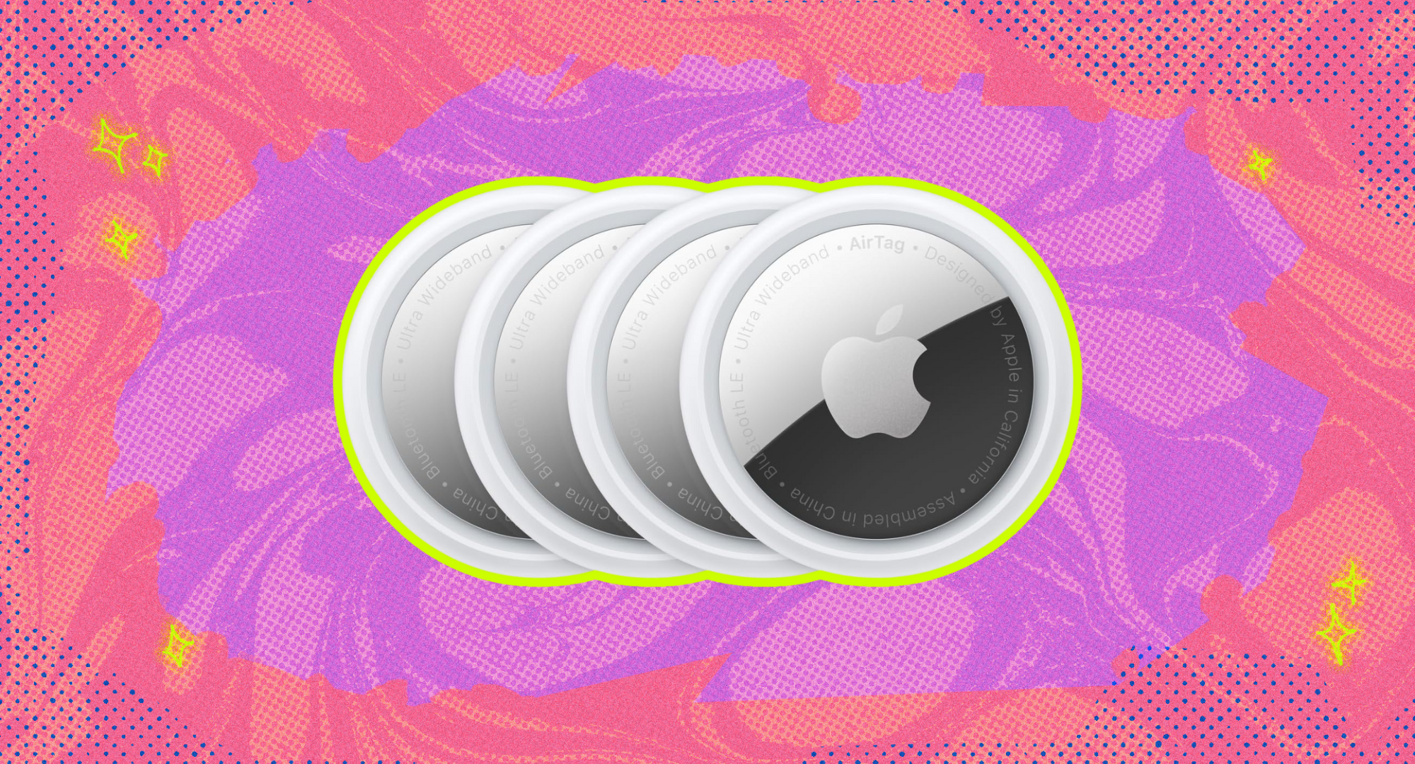 Four Apple AirTags against a pink and purple background. 