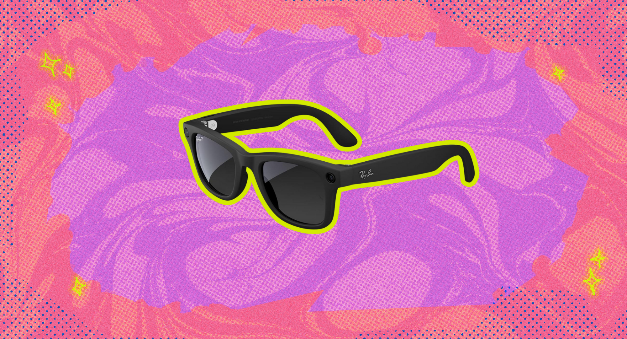 The Ray-Ban Meta Gen 1 AI glasses against a pink and purple background. 