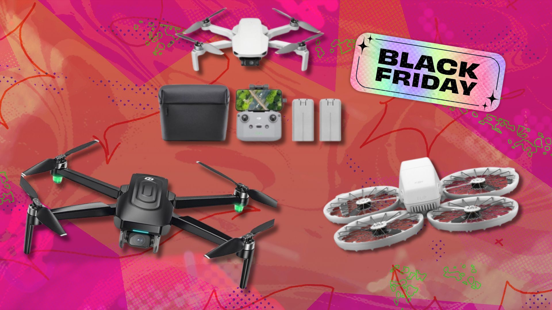 two DJI drones and one holy stone drone on a pink and orange black friday background