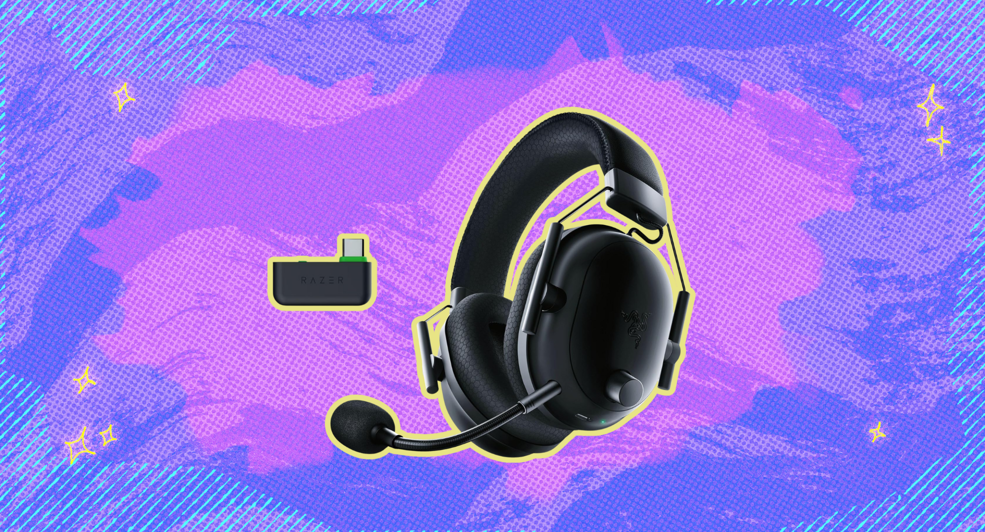 The Razer BlackShark V2 Pro headset against a purple and pink background. 