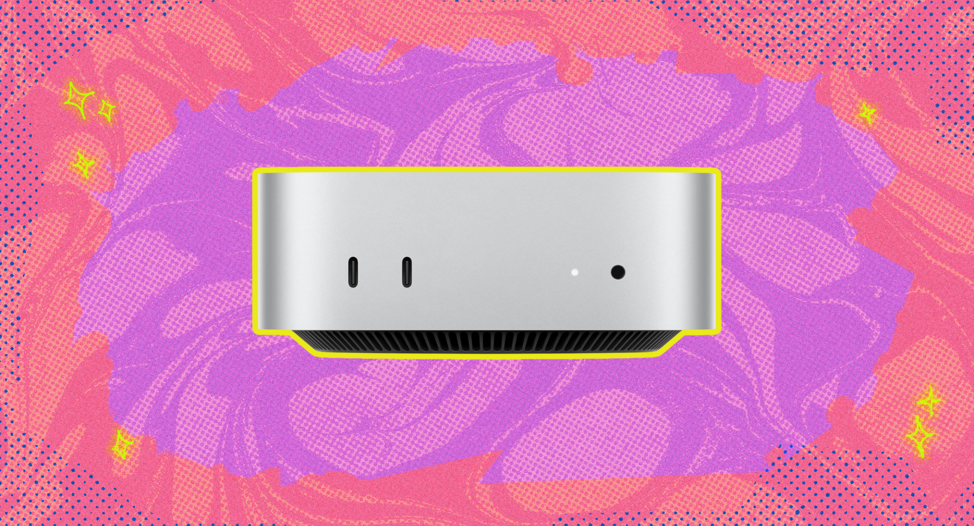The Mac Mini 2024 against a pink and purple background. 