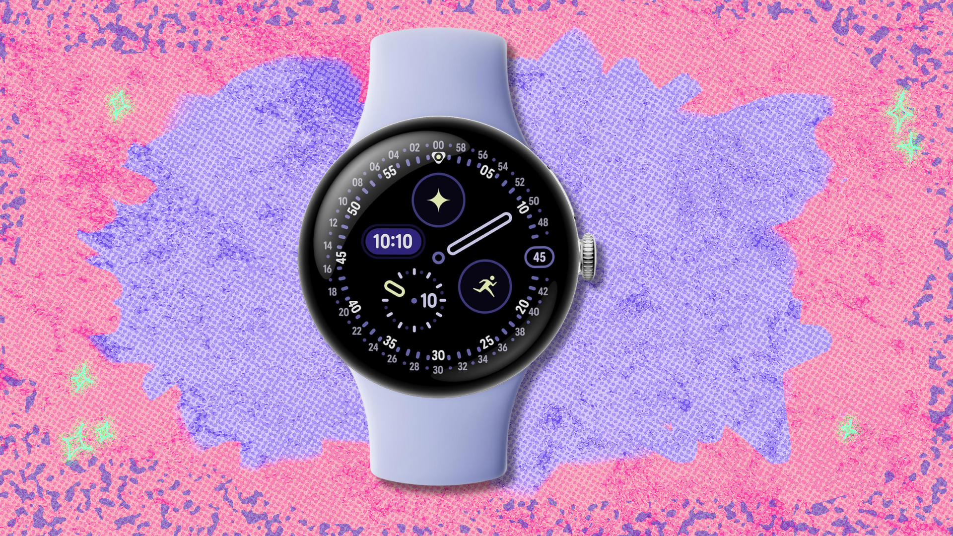 Google Pixel Watch 4 on pink and purple abstract background
