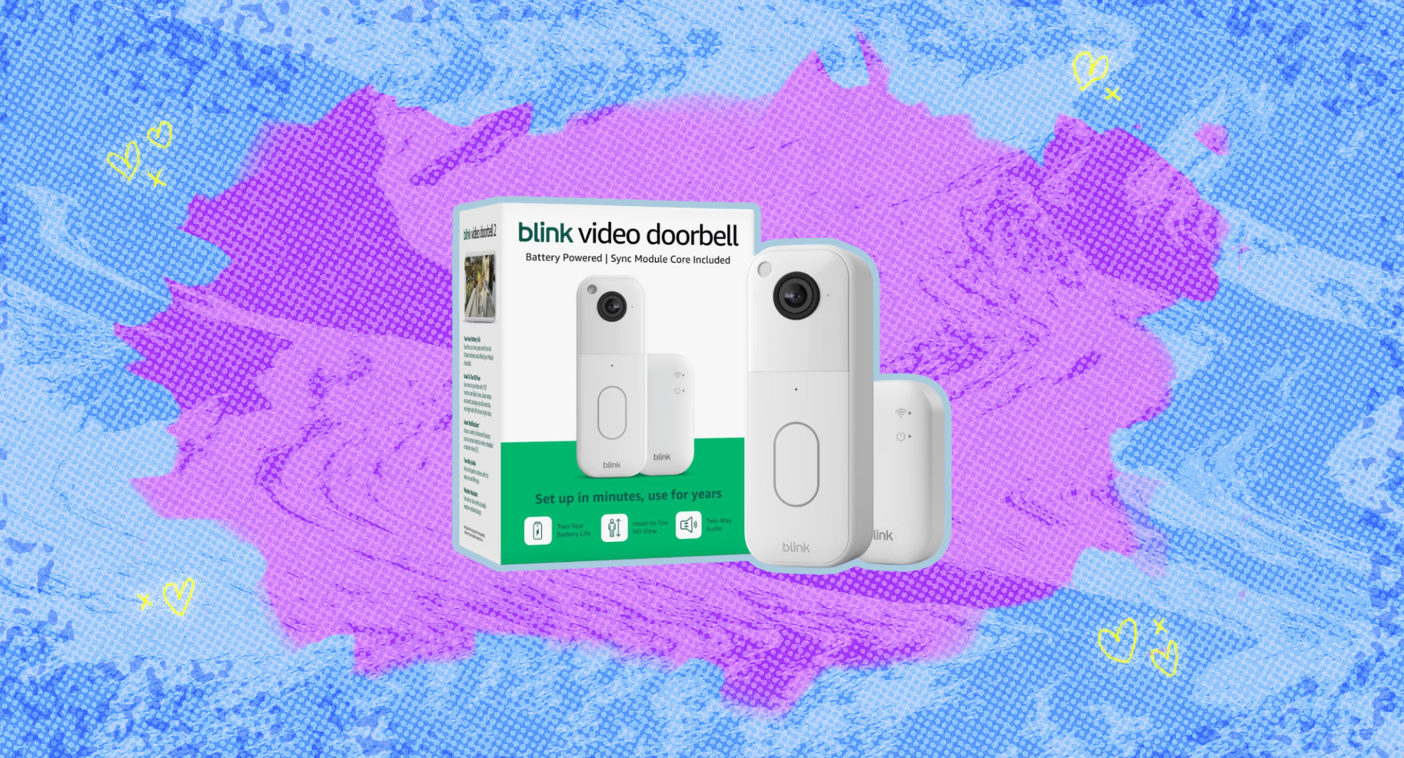 The blink video doorbell against a colorful background. 