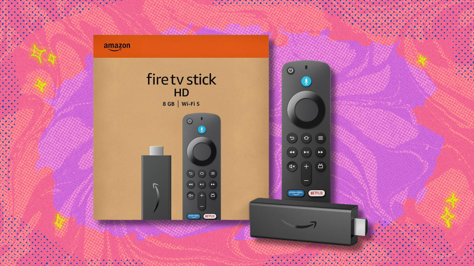 Amazon Fire TV Stick HD on pink and purple abstract background