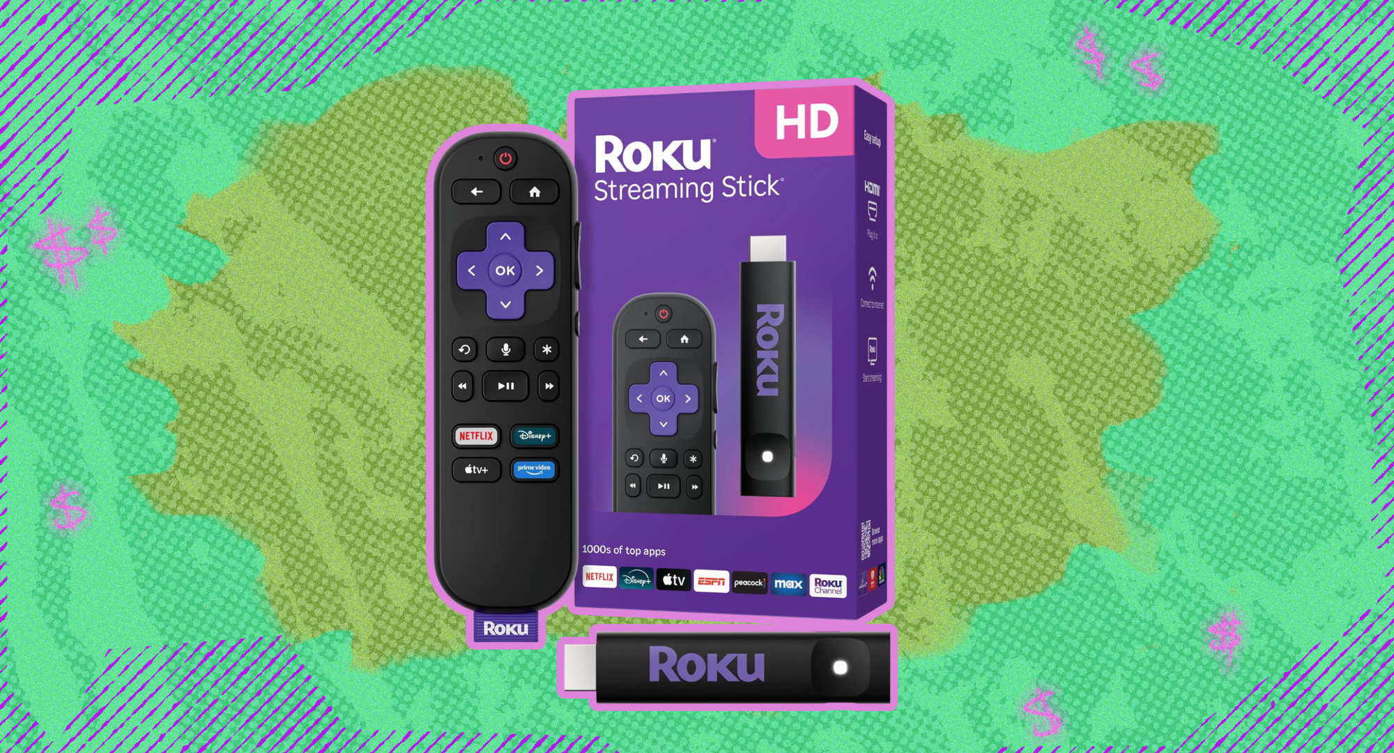 The Roku streaming stick against a colorful background. 