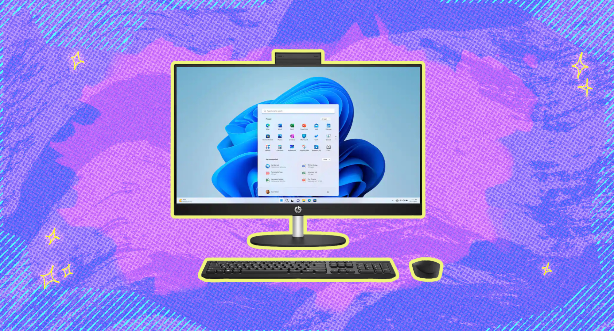 The HP 27-inch Touch All-in-One with 16GB RAM and 1TB SSD against a pink and purple background. 