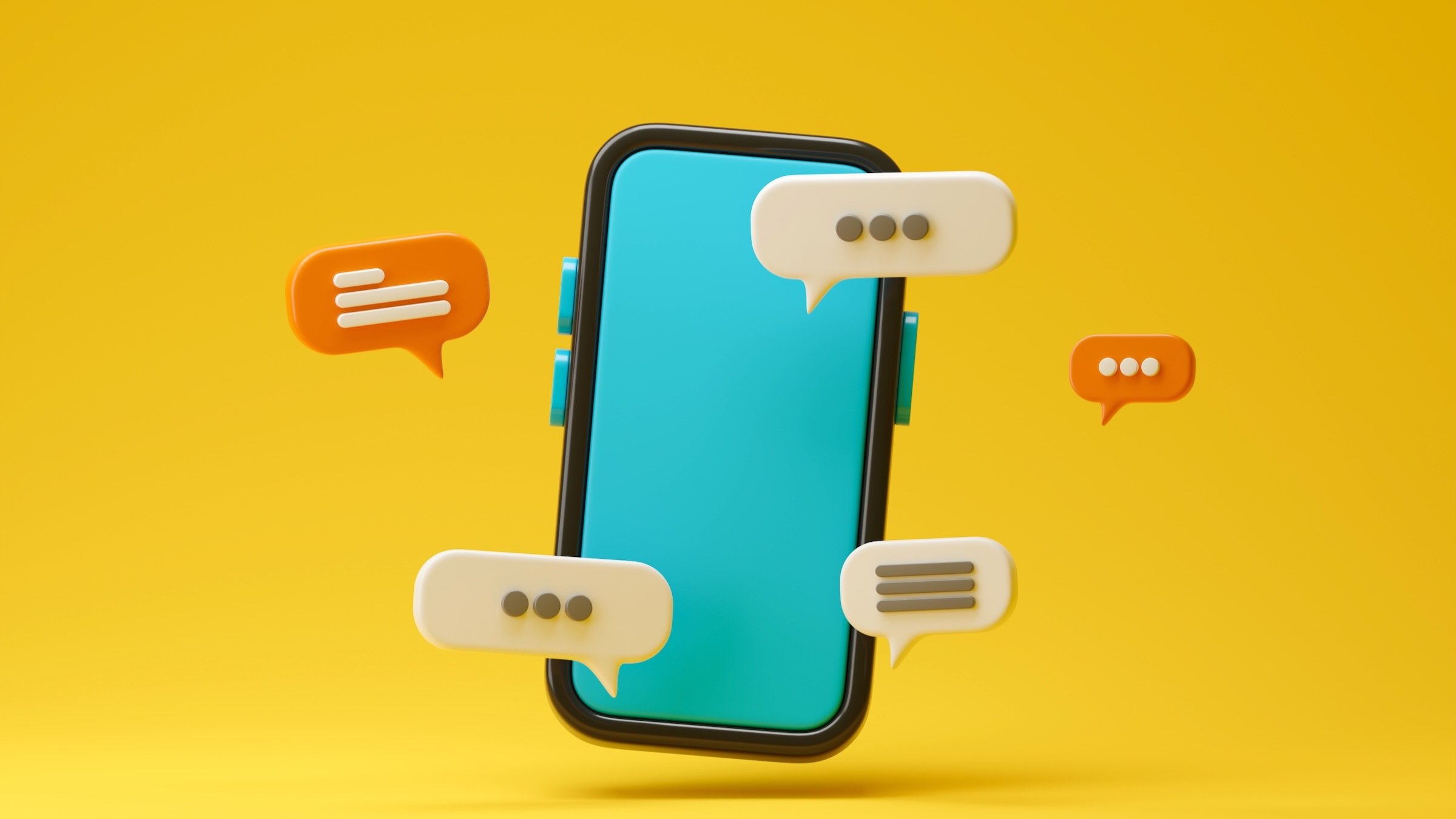 3D smartphone with chat bubble talk icons and notification on yellow background