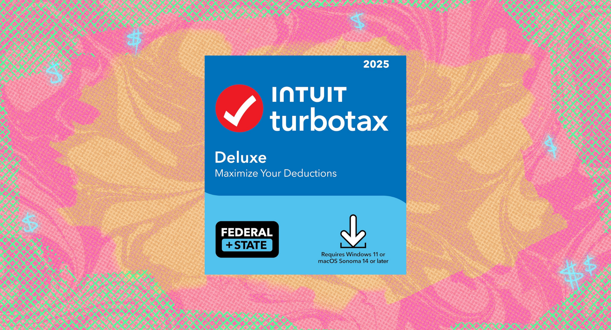 TurboTax Deluxe against a pink and orange background. 