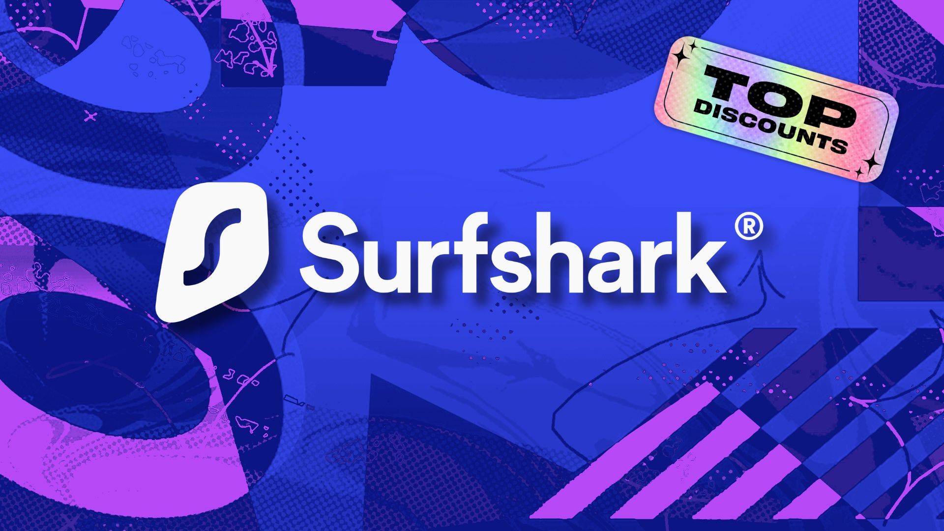 surfshark logo against a blue and purple patterned background